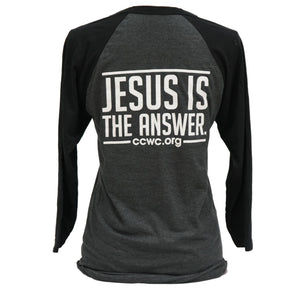 Jesus Is The Answer 3/4 Raglan Sleeve Baseball T- Shirt Black Dark Gray