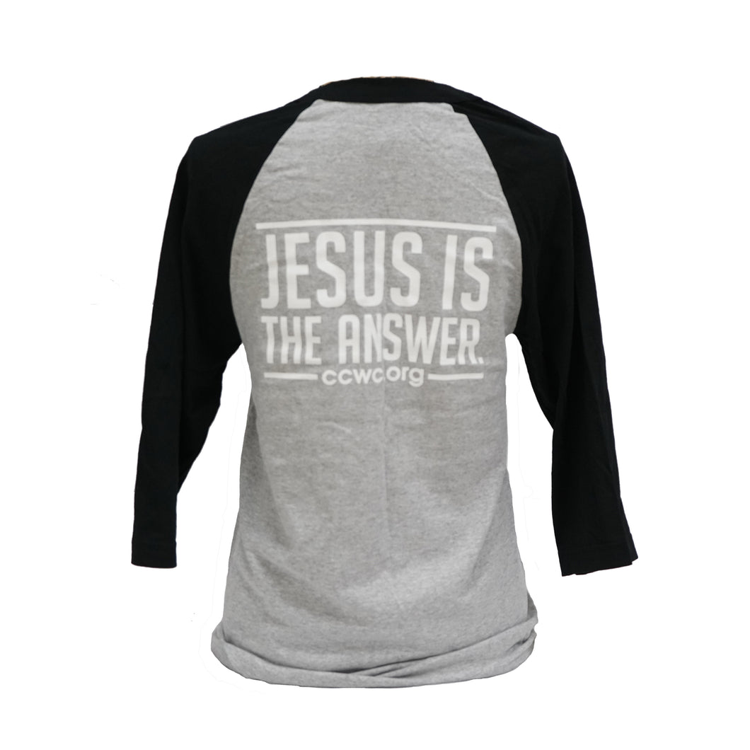 Jesus Is The Answer 3/4 Raglan Sleeve Baseball T- Shirt Black Light Gray