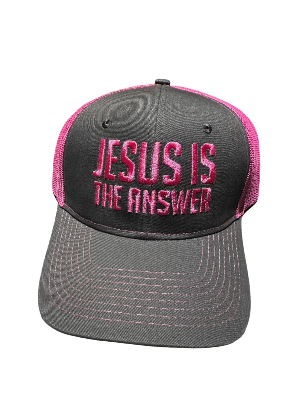 Jesus Is The Answer pink and black, mesh,  Embroidered Ball Cap