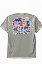Load image into Gallery viewer, 250 year Patriotic grey  Jesus is the Answer short sleeve shirt
