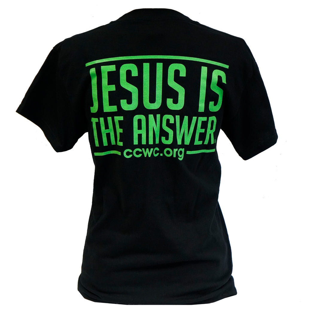 Jesus Is The Answer Short Sleeve Black With Neon Green Letters