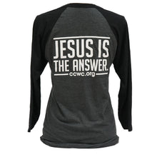 Load image into Gallery viewer, Christmas close out sale now $10 from $18 Jesus Is The Answer 3/4 Raglan Sleeve Baseball T- Shirt Black Dark Gray
